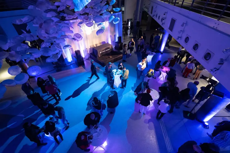 Room lit with blue and white event lighting